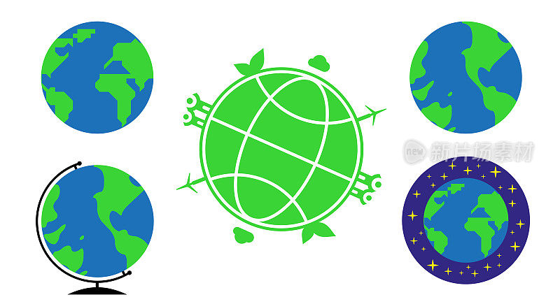 Five different earth and globe icons. Vector illustration